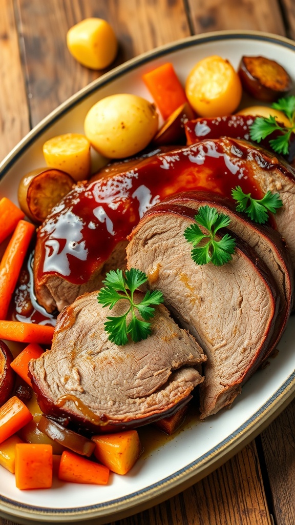 Honey garlic brisket with roasted carrots, potatoes, and onions on a rustic table, garnished with parsley.